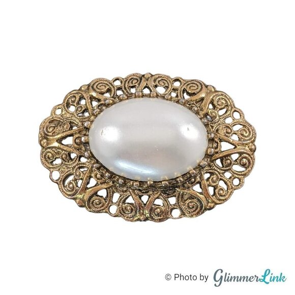 Vintage Oval Large Faux Pearl Cabochon Filigree Gold Tone Brooch Pin - Picture 1 of 7